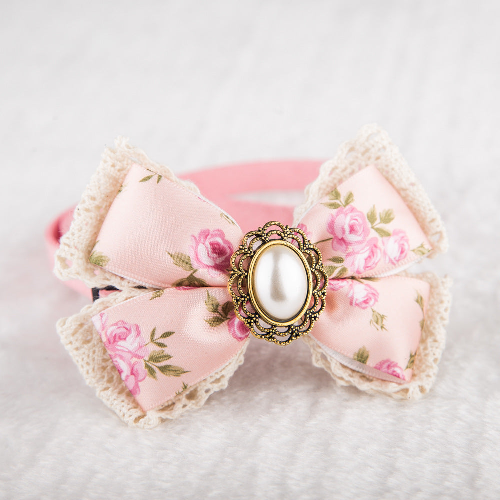 Stitched Floral Lace Diamond Pet Bow Tie Dog Cat Bow Tie Adjustable Collar