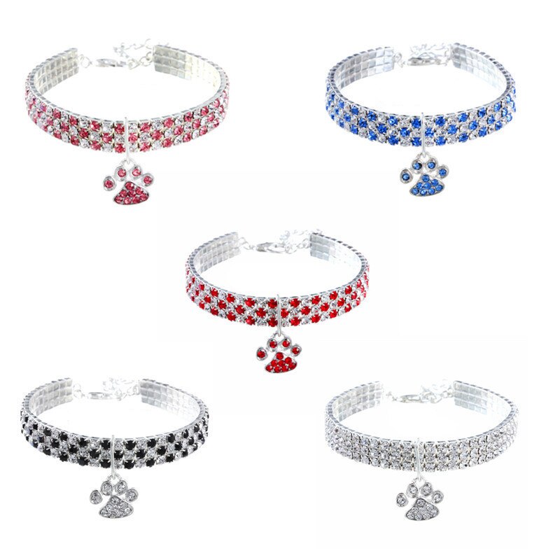 Rhinestone Cute Paw Dog Collar Products for Dogs 20/25/33CM Blue/Red/Pink Adjustable Collar Jewelry Accessory for Dogs Cat