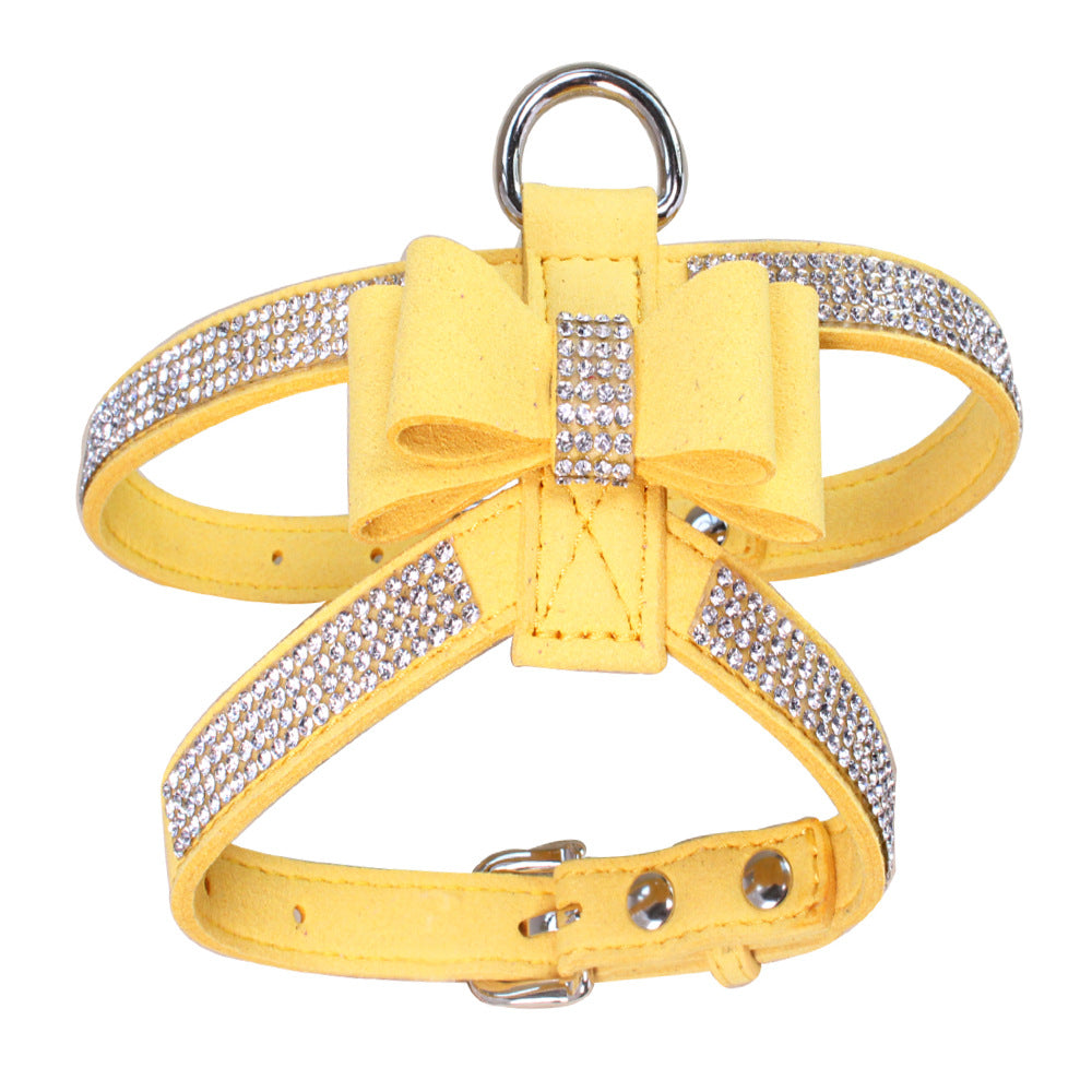 Sparkling rhinestone bow pet chest strap, rhinestone dog chest strap, suede microfiber dog chain pet supplies