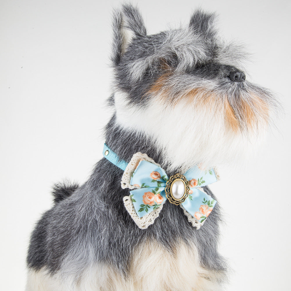 Stitched Floral Lace Diamond Pet Bow Tie Dog Cat Bow Tie Adjustable Collar