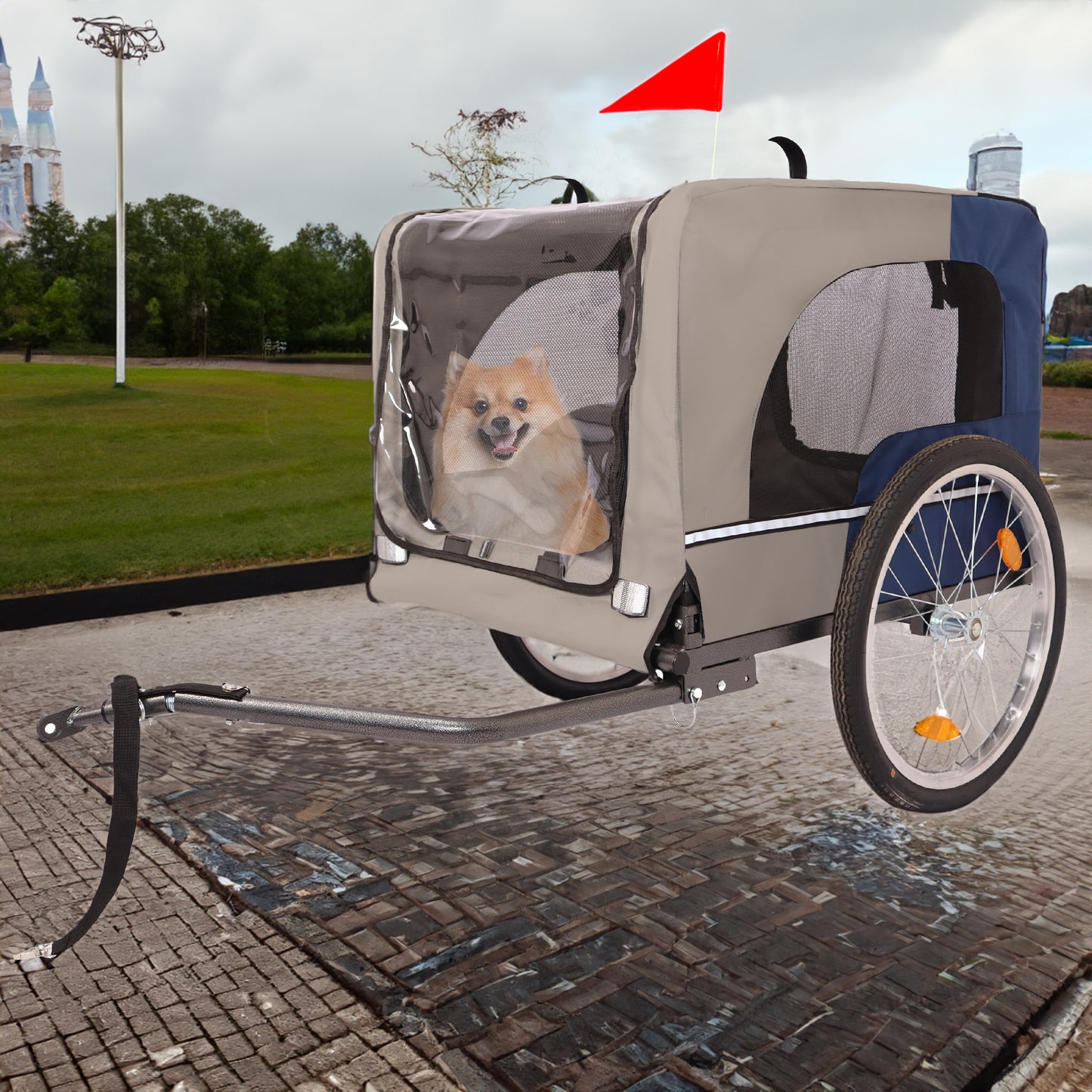 Tangkula Dog Bike Trailer Breathable Mesh Dog Cart with 3 Entrances Safety Flag 8 Reflectors