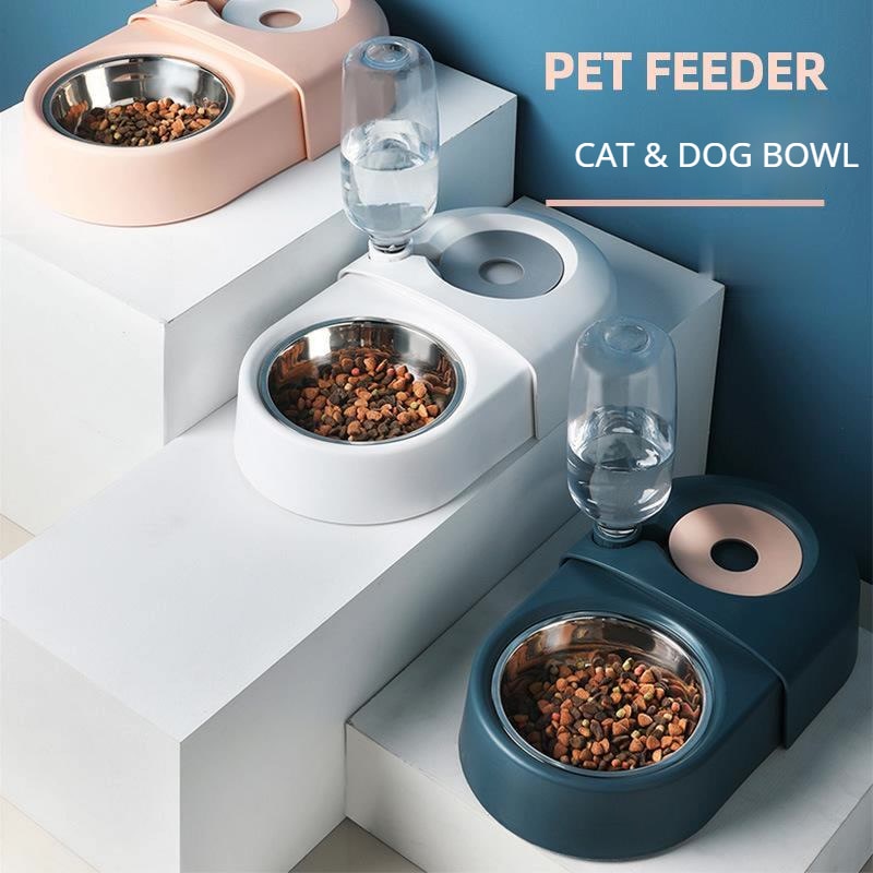 Dogs Cats Bowl and Drinking Fountains with Automatic Water Outlet Anti-overturning Feeders Plastic Feeding Bowl Pet Accessories
