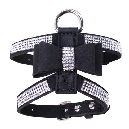 Sparkling rhinestone bow pet chest strap, rhinestone dog chest strap, suede microfiber dog chain pet supplies