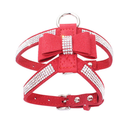 Sparkling rhinestone bow pet chest strap, rhinestone dog chest strap, suede microfiber dog chain pet supplies